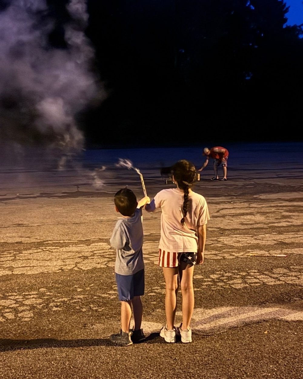 Two children, seen from behind, holding a sparkler at dusk