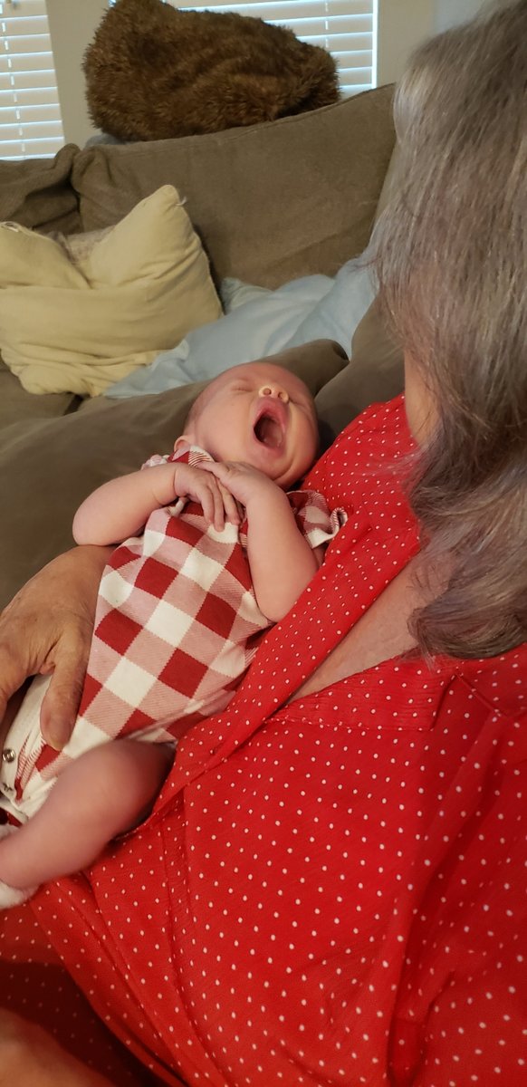 A grandmother holding a newborn on a couch, seen from behind